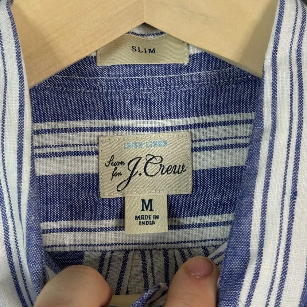 J Crew Shirt Mens Medium 100% Linen Blue Striped Slim Fit Lightweight Preppy